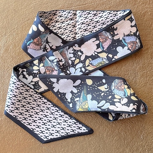 Reversible Navy & Cream Bird & Flower Print Twilly Narrow Tie Scarf - Picture 1 of 4